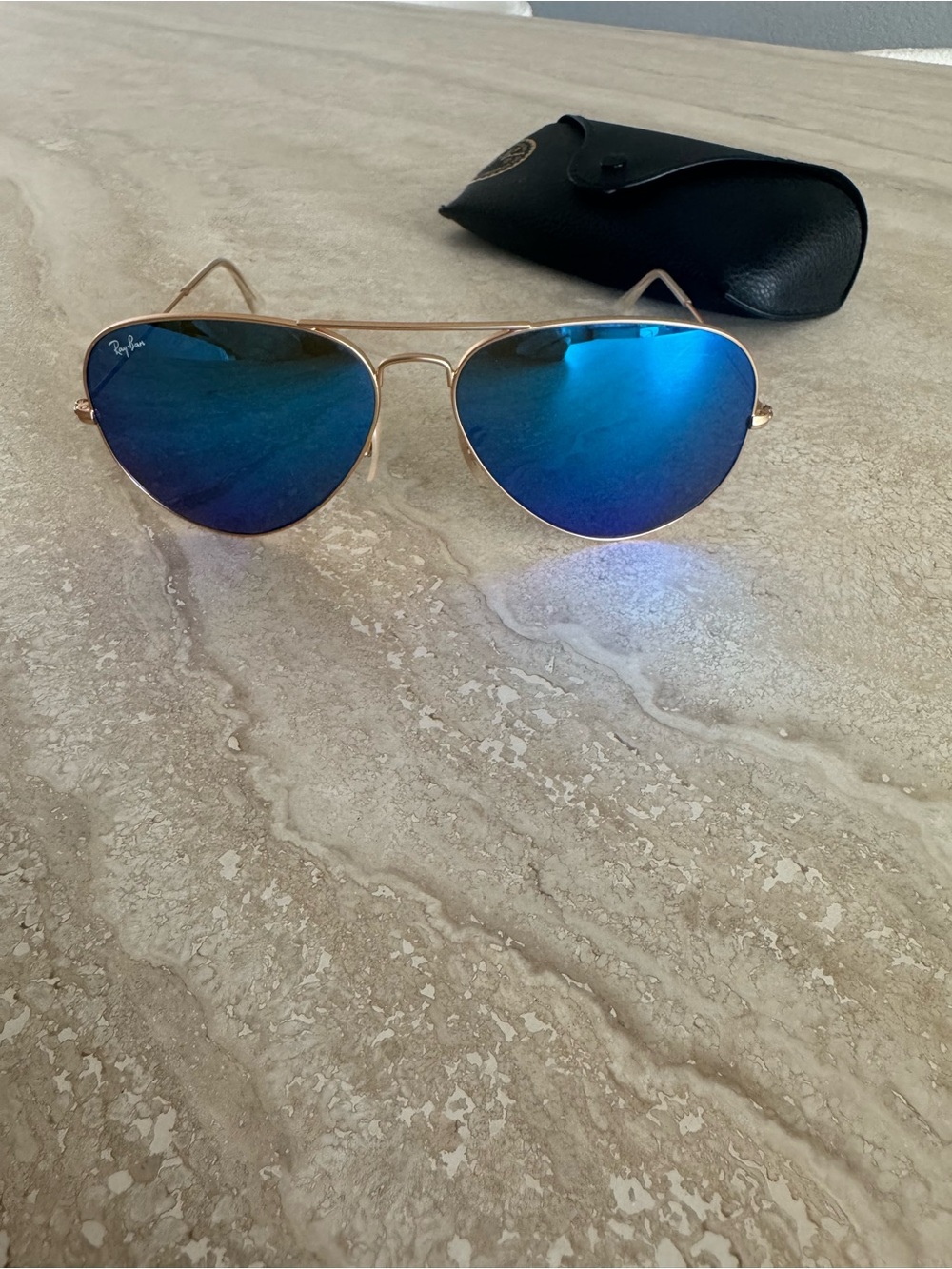 Ray-Ban Gold Frame Sunglasses with Blue Mirror Lenses